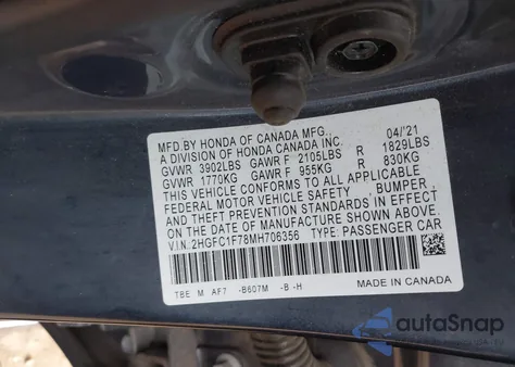 2021 Honda Civic Ex-L из США, поврежденный, VIN 2HGFC1F78MH706356